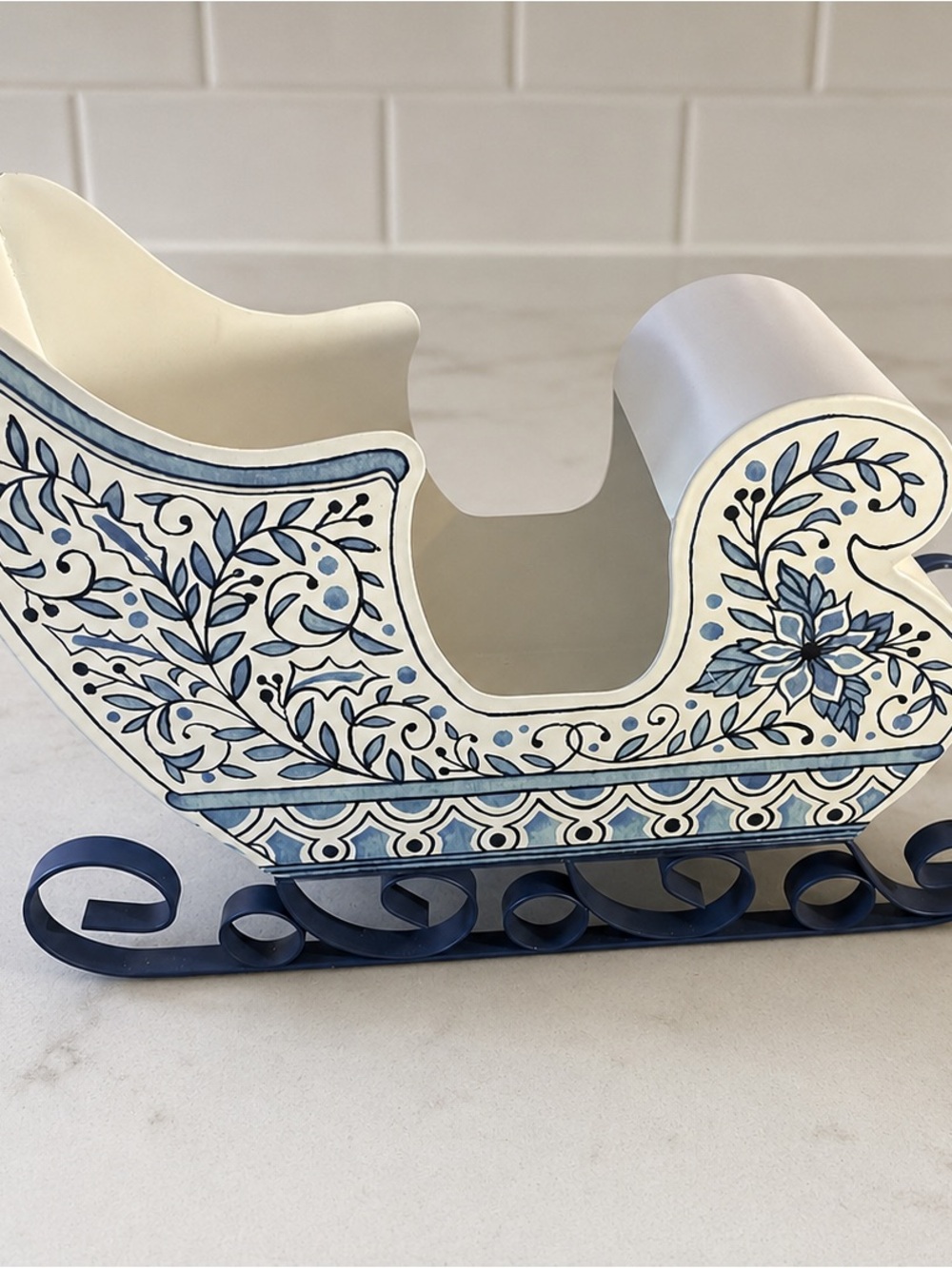 Blue & White Floral Christmas Sleigh Tabletop Centerpiece 12”